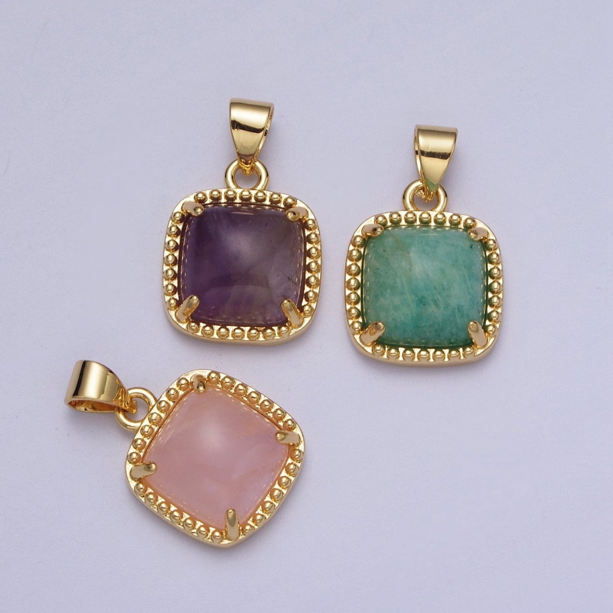 Green Aventurine, Pink Quartz, Purple Amethyst Minimalist Square Gold Pendant I-325 I-343 I-363 - DLUXCA