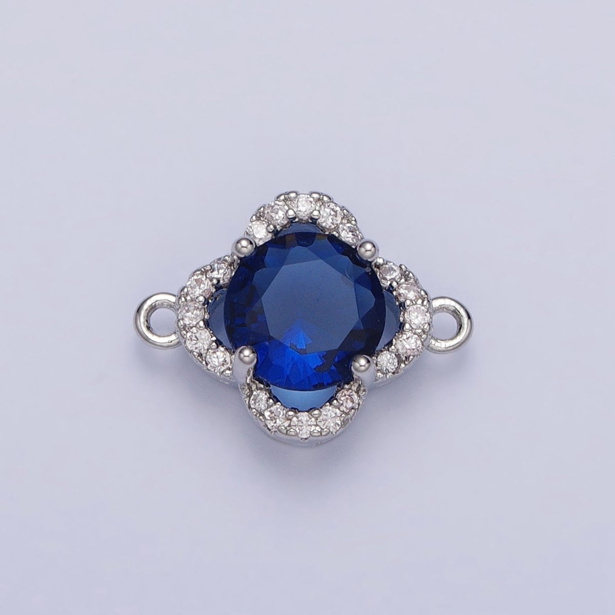 Green, Clear, Blue, Red Round CZ Micro Paved Quatrefoil Clover Silver Connector | AA837 - A840 - DLUXCA