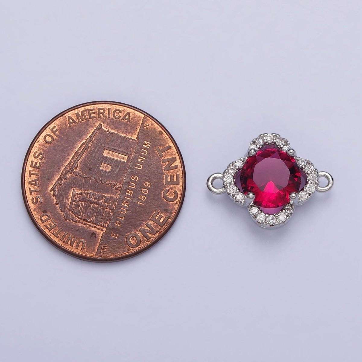 Green, Clear, Blue, Red Round CZ Micro Paved Quatrefoil Clover Silver Connector | AA837 - A840 - DLUXCA