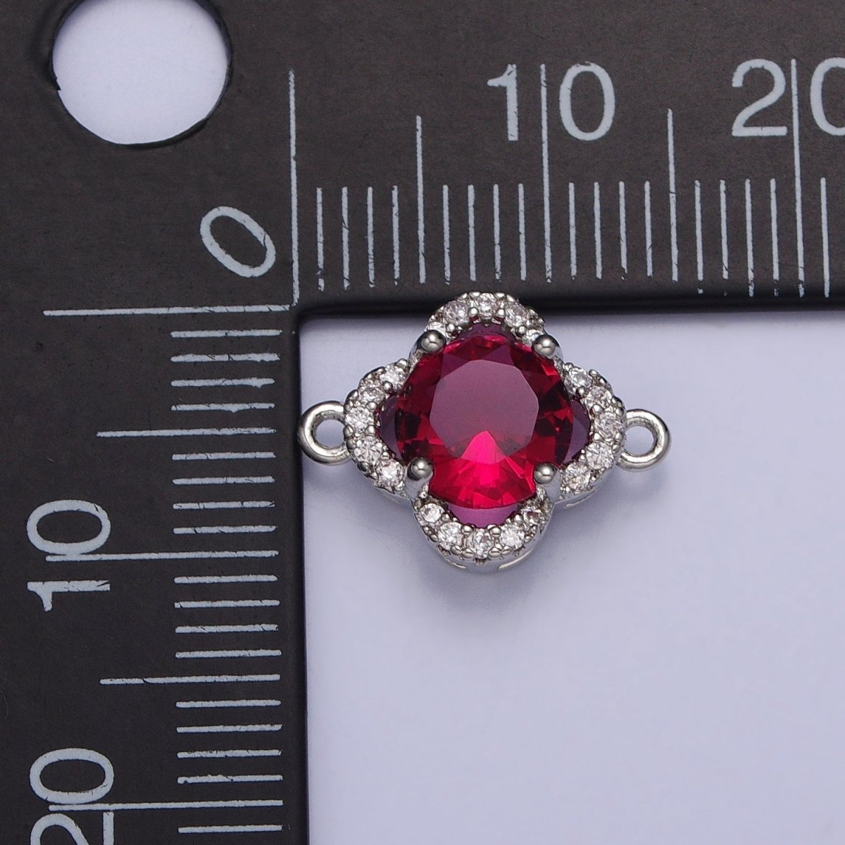 Green, Clear, Blue, Red Round CZ Micro Paved Quatrefoil Clover Silver Connector | AA837 - A840 - DLUXCA