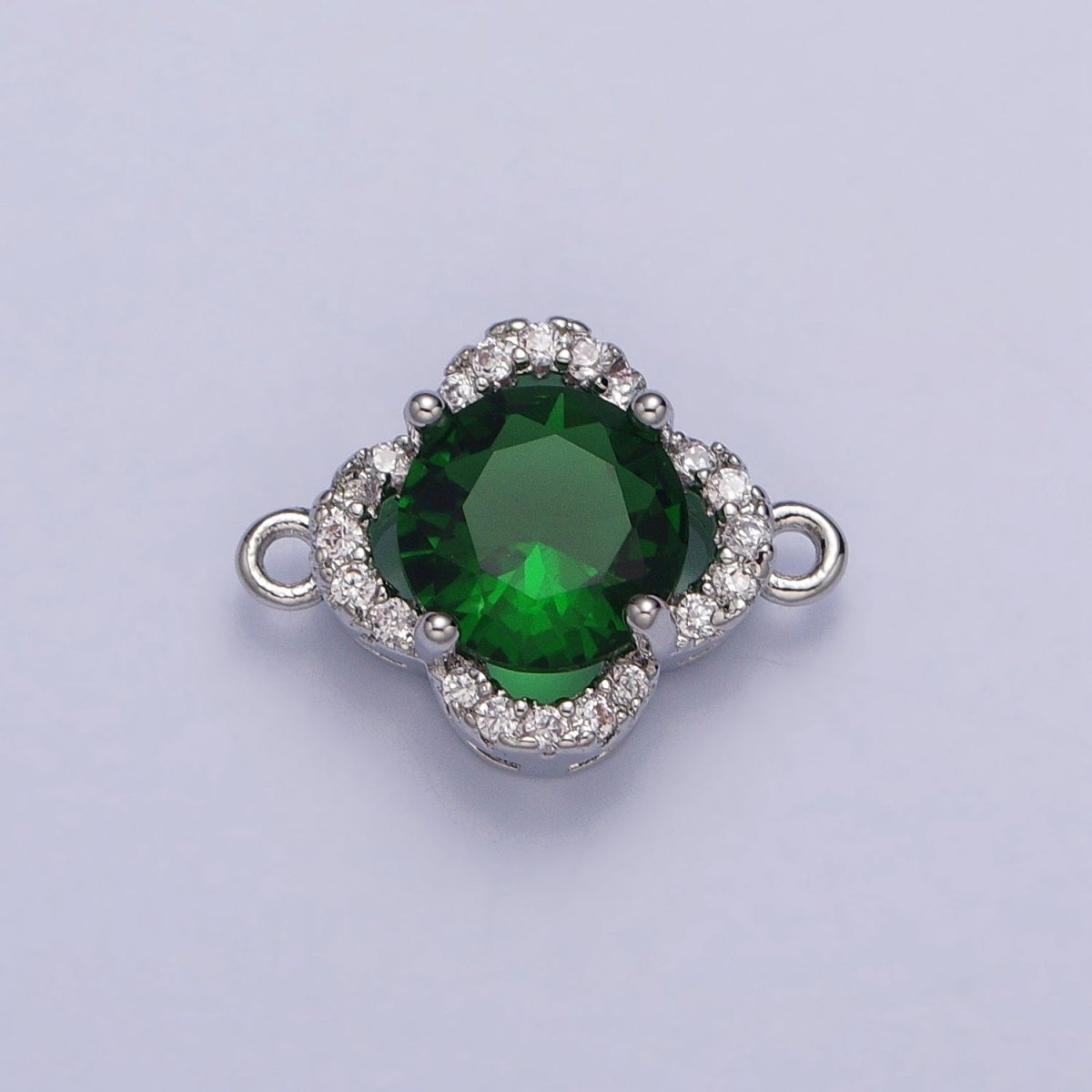 Green, Clear, Blue, Red Round CZ Micro Paved Quatrefoil Clover Silver Connector | AA837 - A840 - DLUXCA
