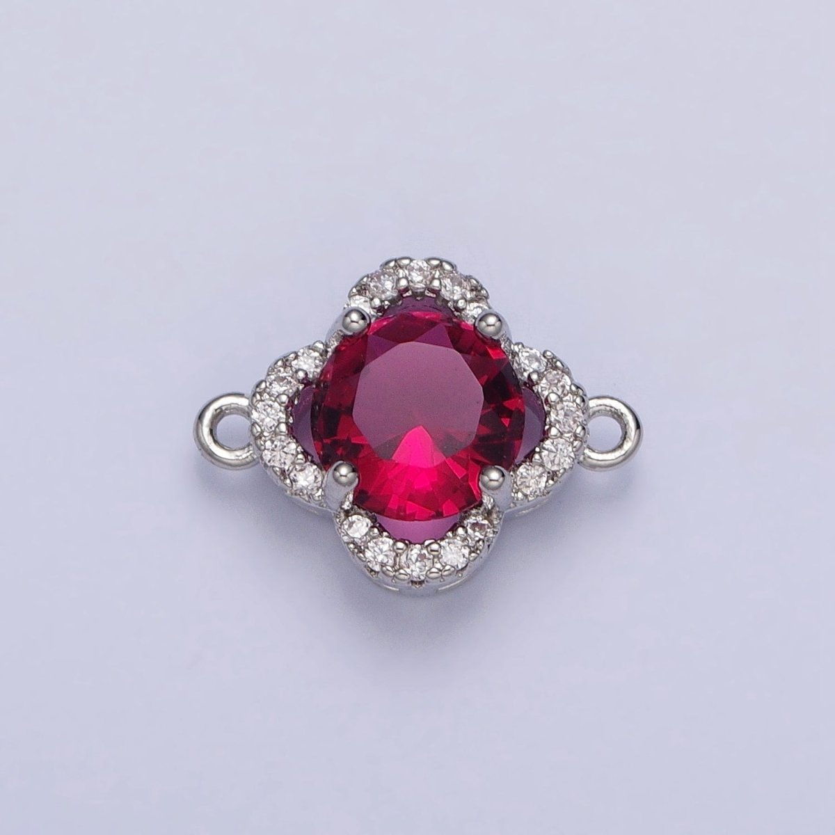 Green, Clear, Blue, Red Round CZ Micro Paved Quatrefoil Clover Silver Connector | AA837 - A840 - DLUXCA