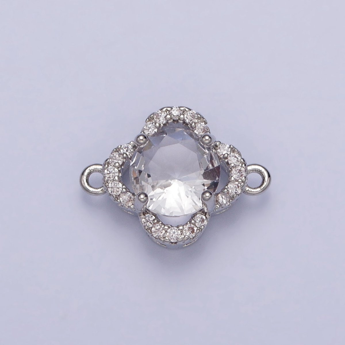 Green, Clear, Blue, Red Round CZ Micro Paved Quatrefoil Clover Silver Connector | AA837 - A840 - DLUXCA