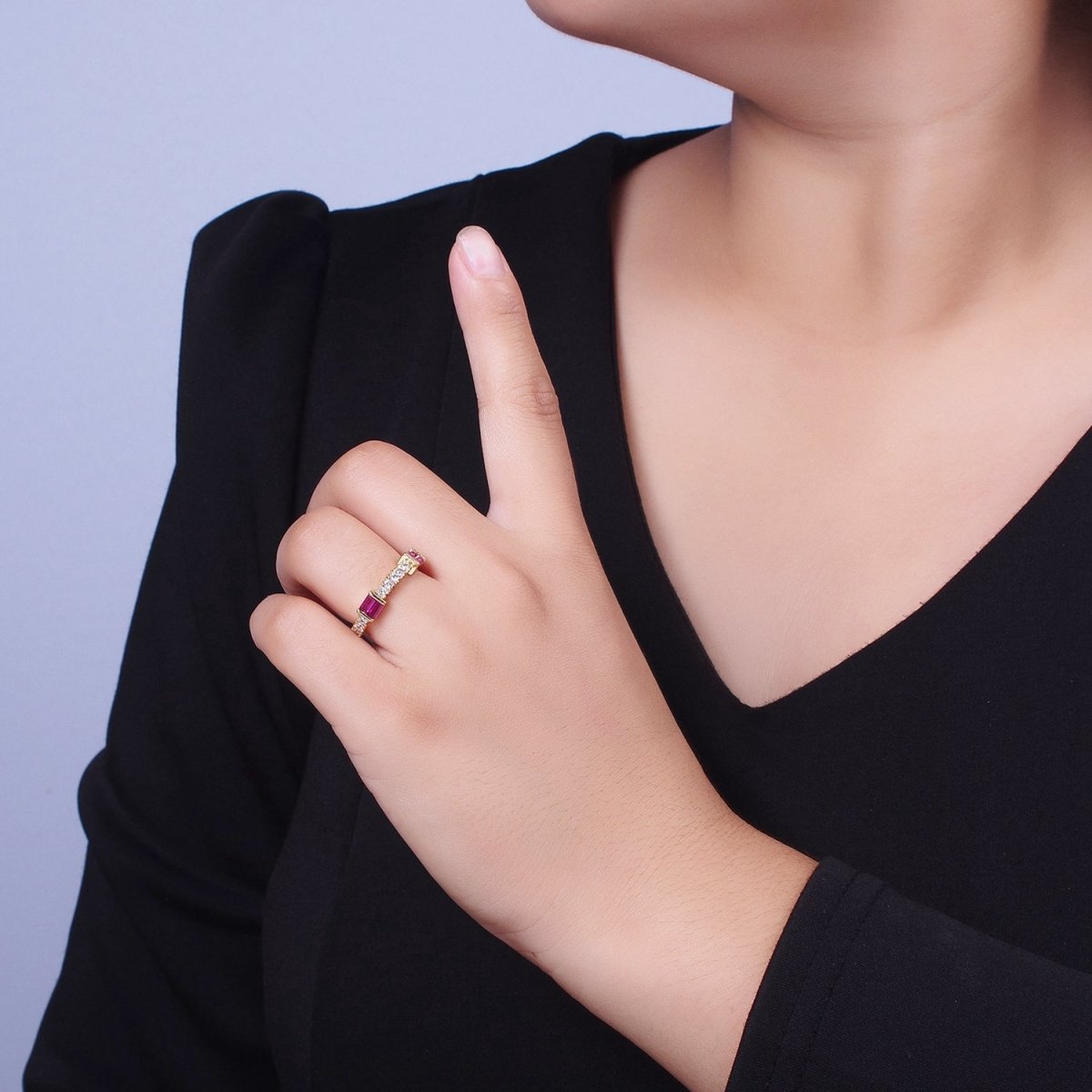 Green, Clear, Fuchsia Baguette Round Cubic Zirconia Gold Ring | Y-328~Y-330 - DLUXCA