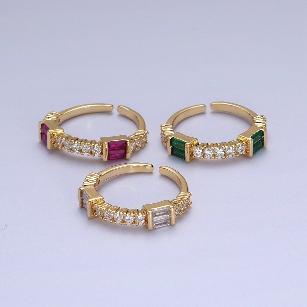 Green, Clear, Fuchsia Baguette Round Cubic Zirconia Gold Ring | Y-328~Y-330 - DLUXCA