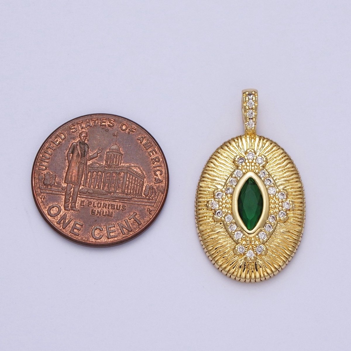 Green, Clear Marquise Line Textured Oval Micro Paved Gold Pendant H-911 H-935 - DLUXCA