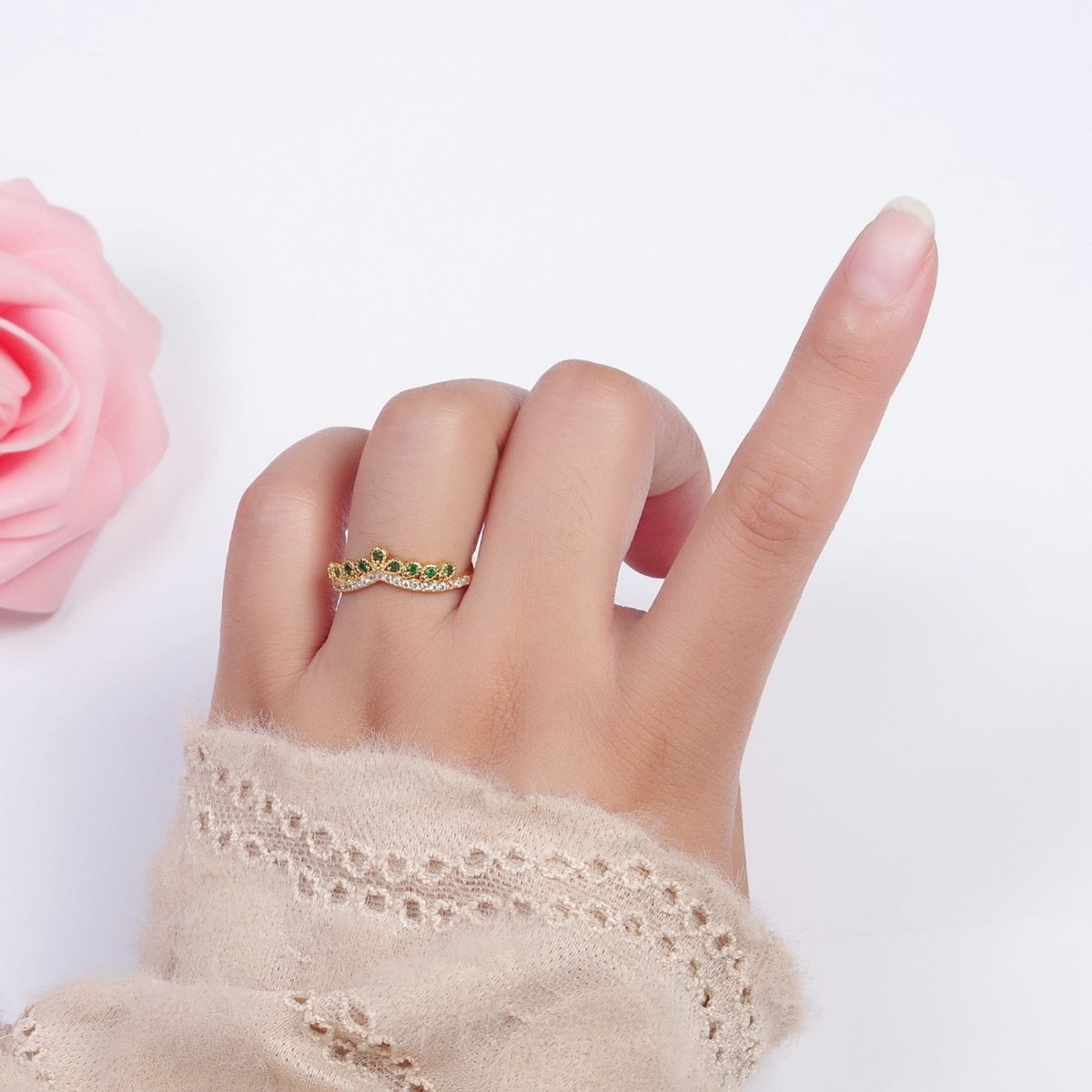 Green & Clear Micro Paved Cubic Zirconia Curved Line Crown Adjustable Gold Ring | X-586 - DLUXCA