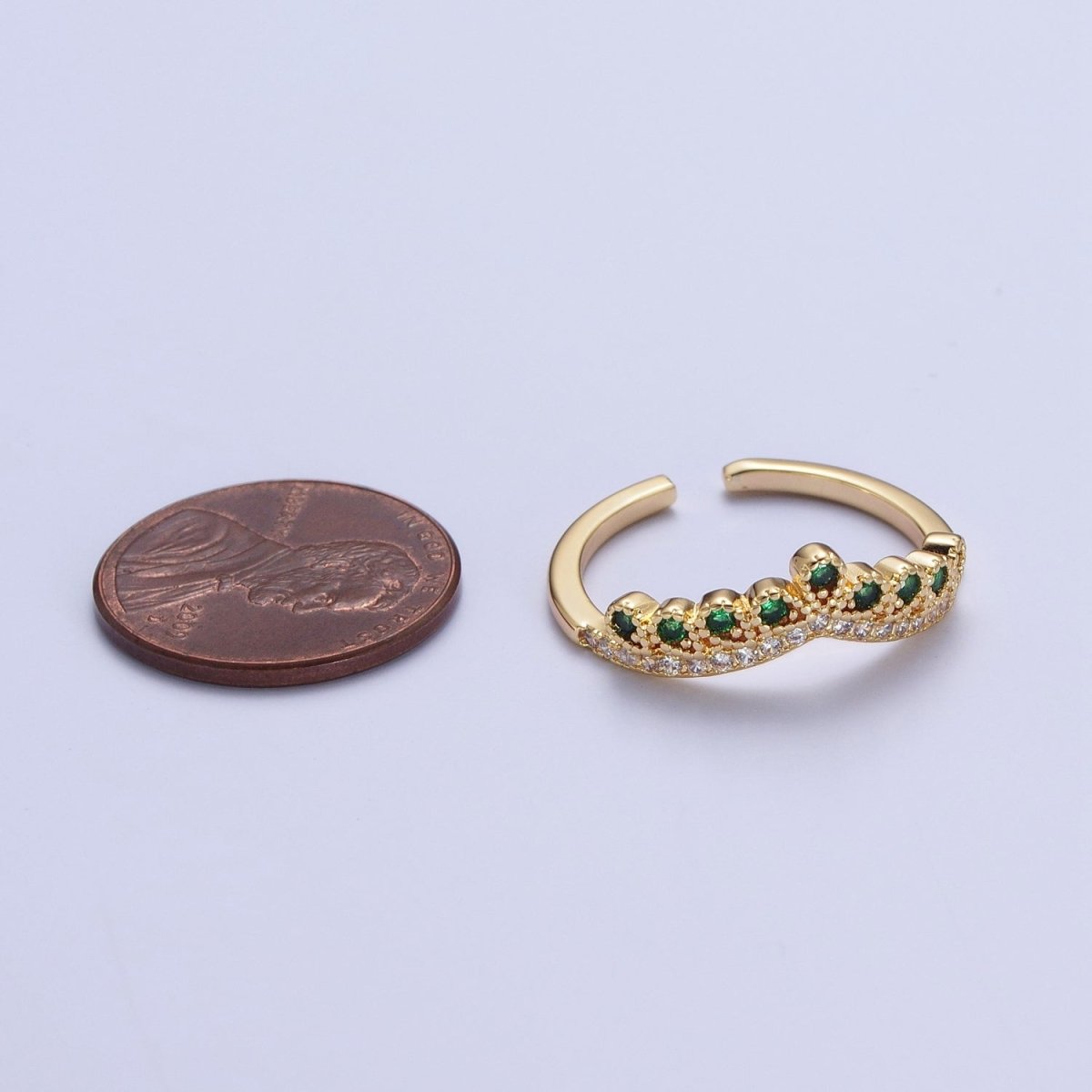 Green & Clear Micro Paved Cubic Zirconia Curved Line Crown Adjustable Gold Ring | X-586 - DLUXCA