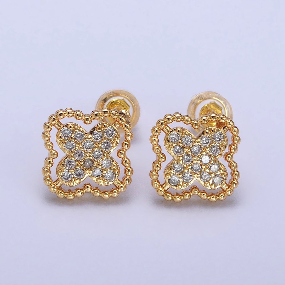 Green, Clear, Pink Micro Paved CZ Beaded Quatrefoil Clover Stud Earrings in Gold & Silver | AB404 - AB409 - DLUXCA