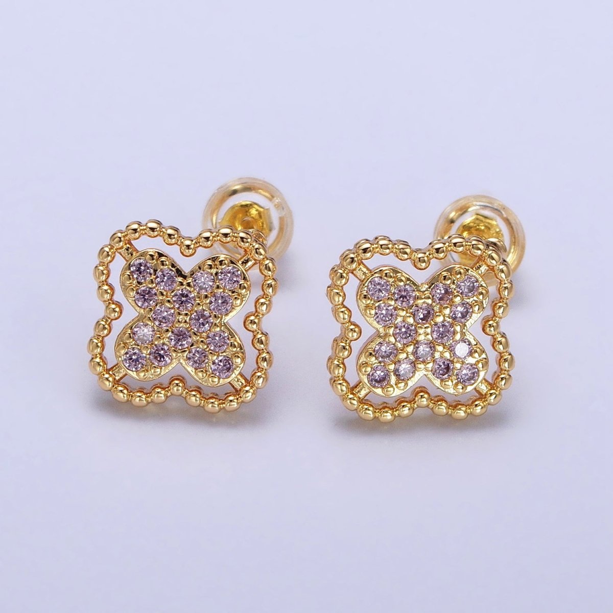 Green, Clear, Pink Micro Paved CZ Beaded Quatrefoil Clover Stud Earrings in Gold & Silver | AB404 - AB409 - DLUXCA