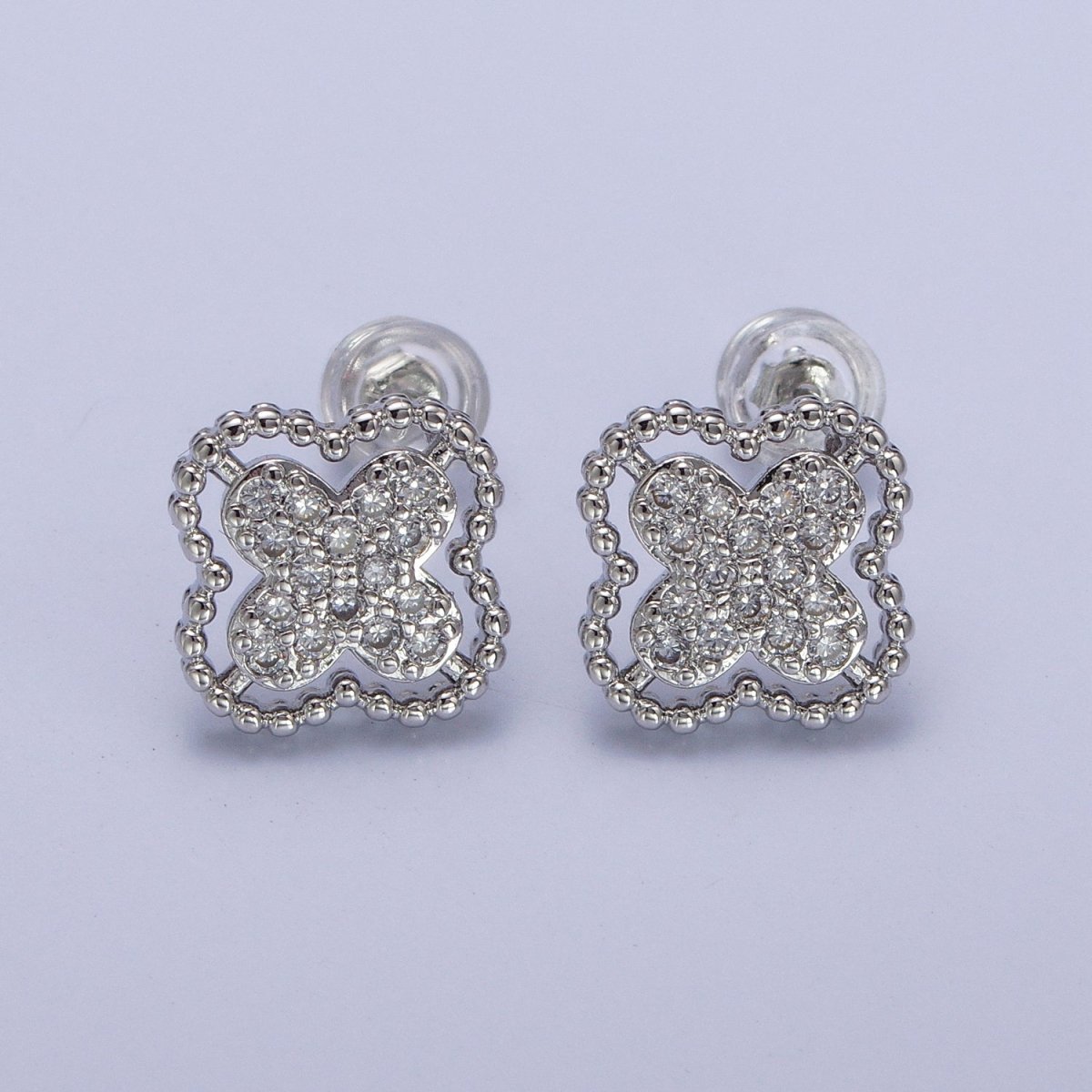 Green, Clear, Pink Micro Paved CZ Beaded Quatrefoil Clover Stud Earrings in Gold & Silver | AB404 - AB409 - DLUXCA