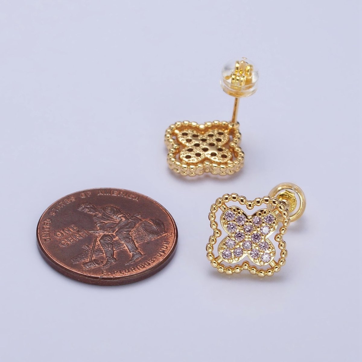 Green, Clear, Pink Micro Paved CZ Beaded Quatrefoil Clover Stud Earrings in Gold & Silver | AB404 - AB409 - DLUXCA