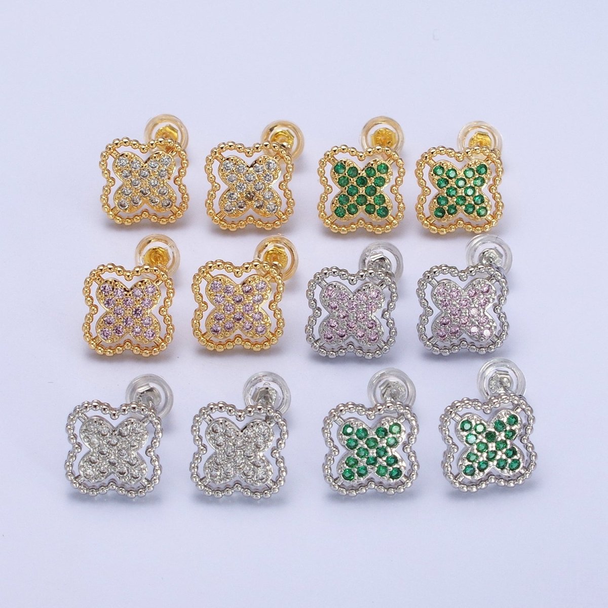 Green, Clear, Pink Micro Paved CZ Beaded Quatrefoil Clover Stud Earrings in Gold & Silver | AB404 - AB409 - DLUXCA