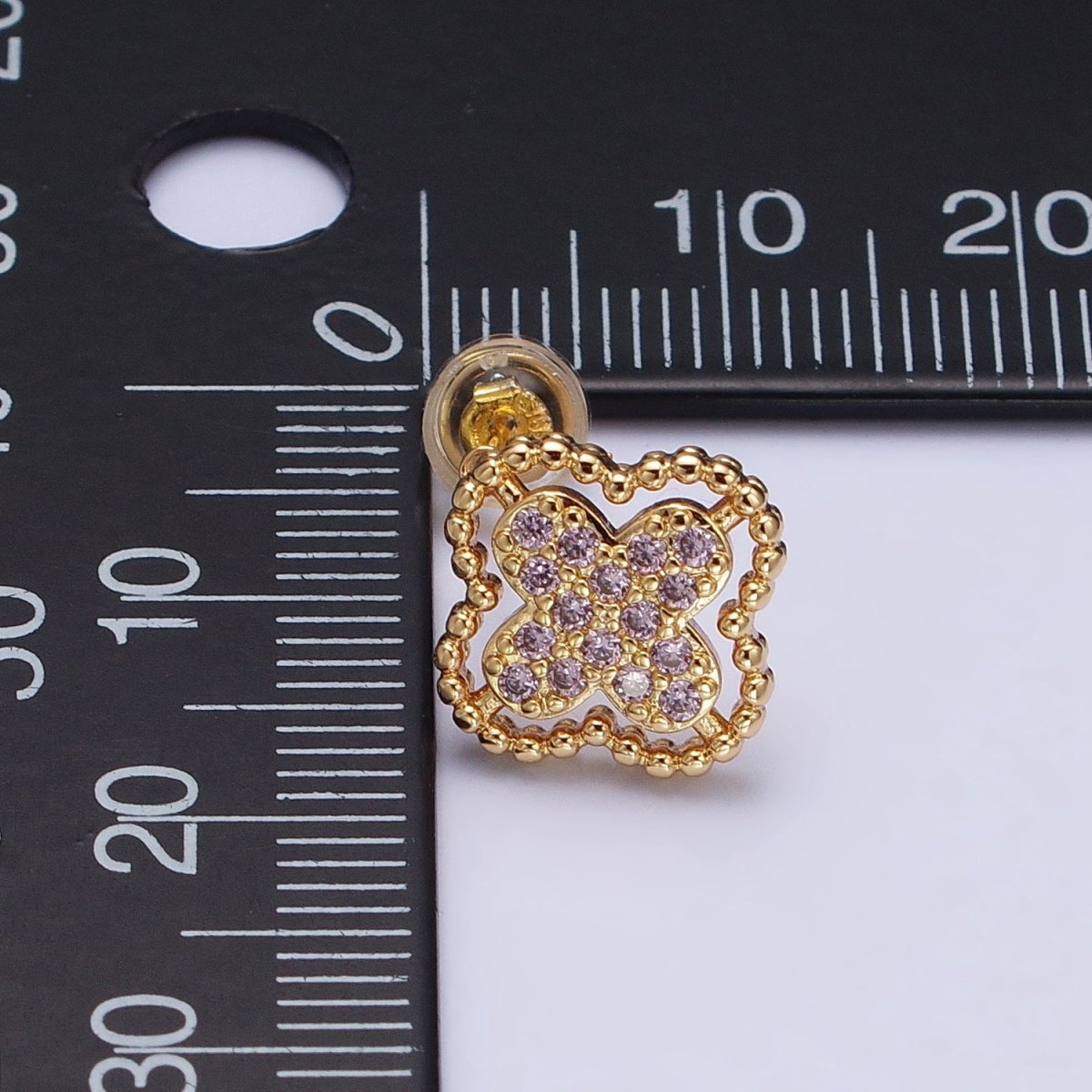 Green, Clear, Pink Micro Paved CZ Beaded Quatrefoil Clover Stud Earrings in Gold & Silver | AB404 - AB409 - DLUXCA