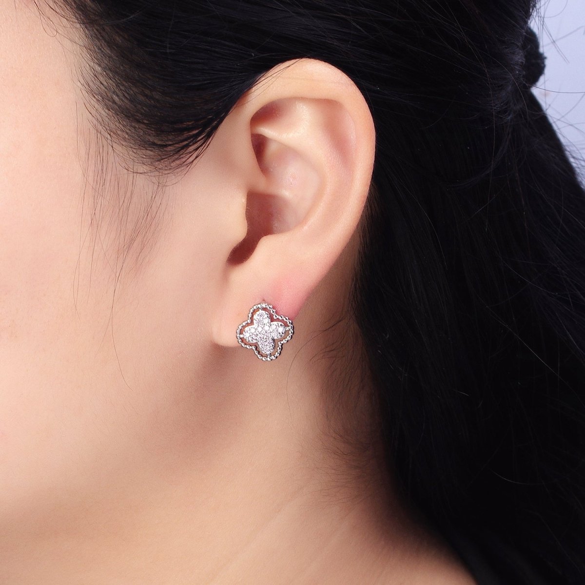 Green, Clear, Pink Micro Paved CZ Beaded Quatrefoil Clover Stud Earrings in Gold & Silver | AB404 - AB409 - DLUXCA