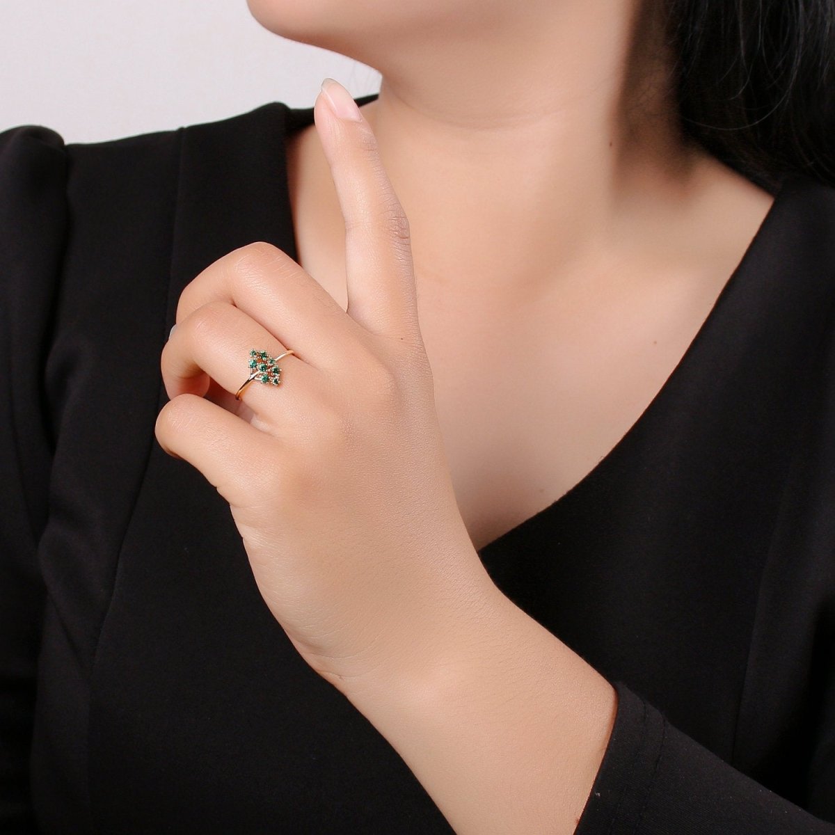 Green CZ Ring - 14k Gold Vermeil Ring - Green Zirconia Ring - Gold Open Ring - Minimalist Ring - Adjustable Layering - Stacking Ring R-071 - DLUXCA