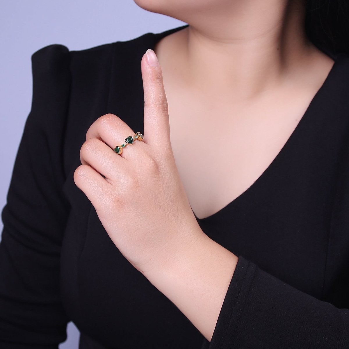 Green Emerald Cz Heart Ring Open Adjustable Ring O-2039 - DLUXCA