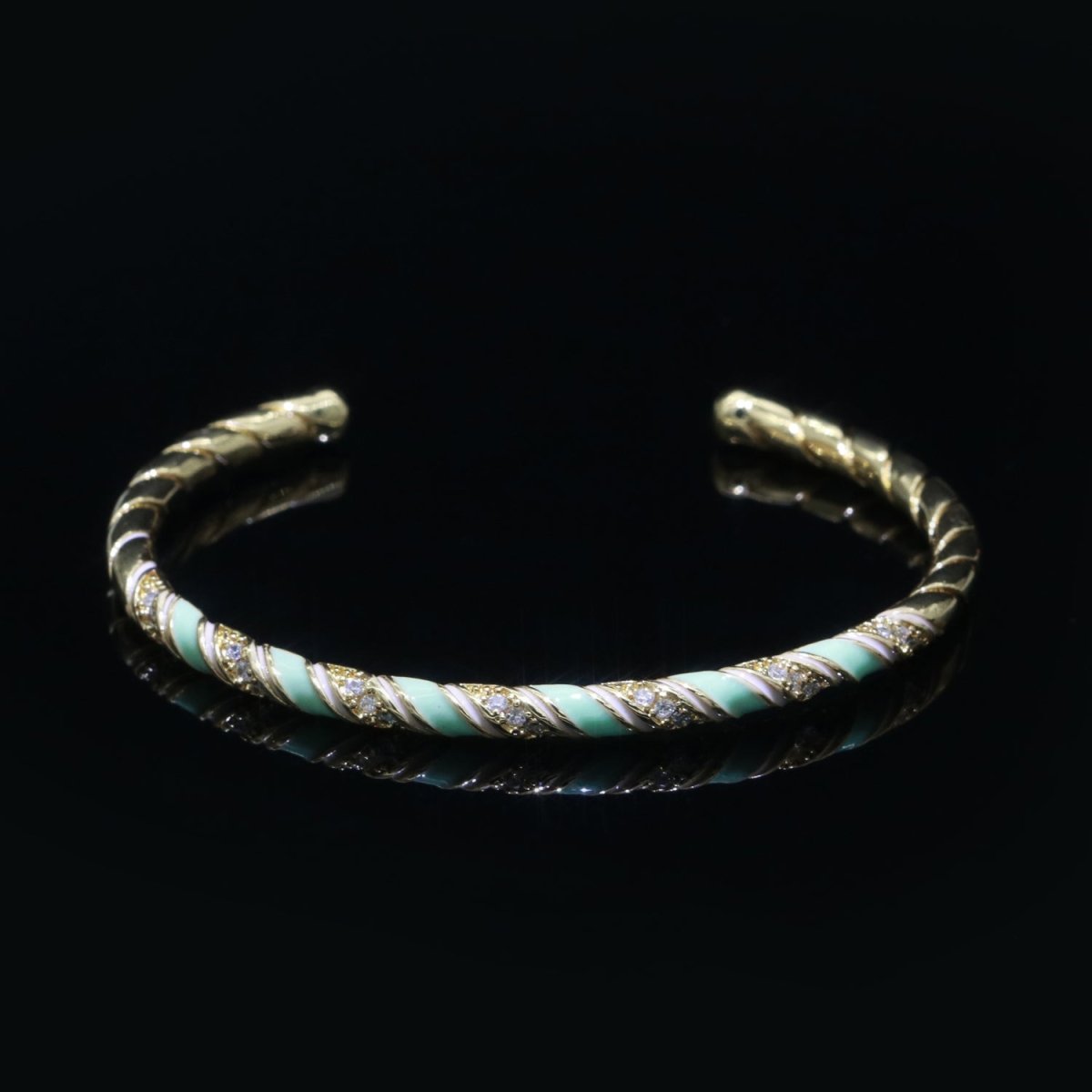 Green Enamel Geometric Swirl Gold Filled Bangle Open Adjustable Bracelet Vintage Style Inspired | WA-117 Clearance Pricing - DLUXCA