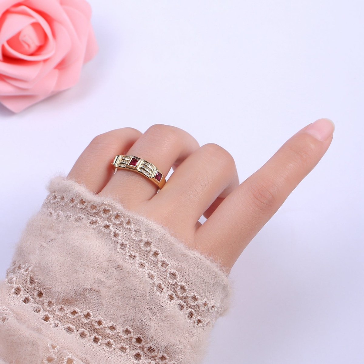 Green / Fuschia CZ Stone Gold Ring Open Adjustable Jewelry Masculine Unisex Ring U-227 U-228 - DLUXCA