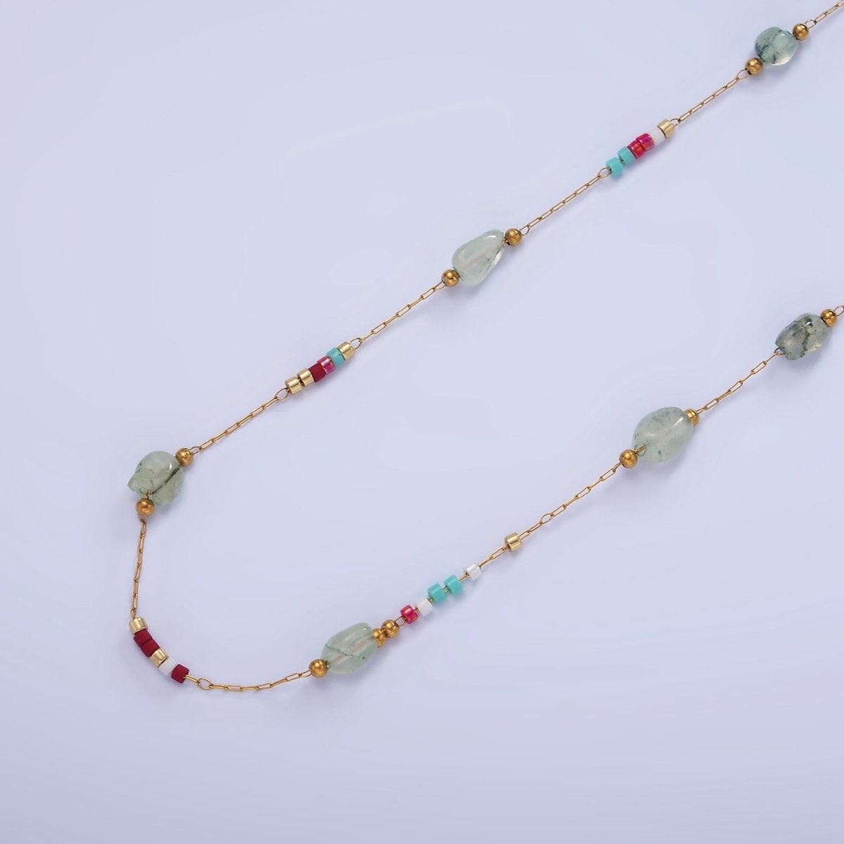 Green Gemstone Beaded Chain on Gold Paperclip Chain by Yard | ROLL-1499 - DLUXCA