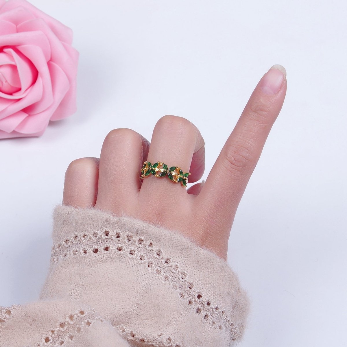 Green Marquise Flower Ring, 24K Gold Filled Cubic Zirconia CZ Ring O-2297 - DLUXCA