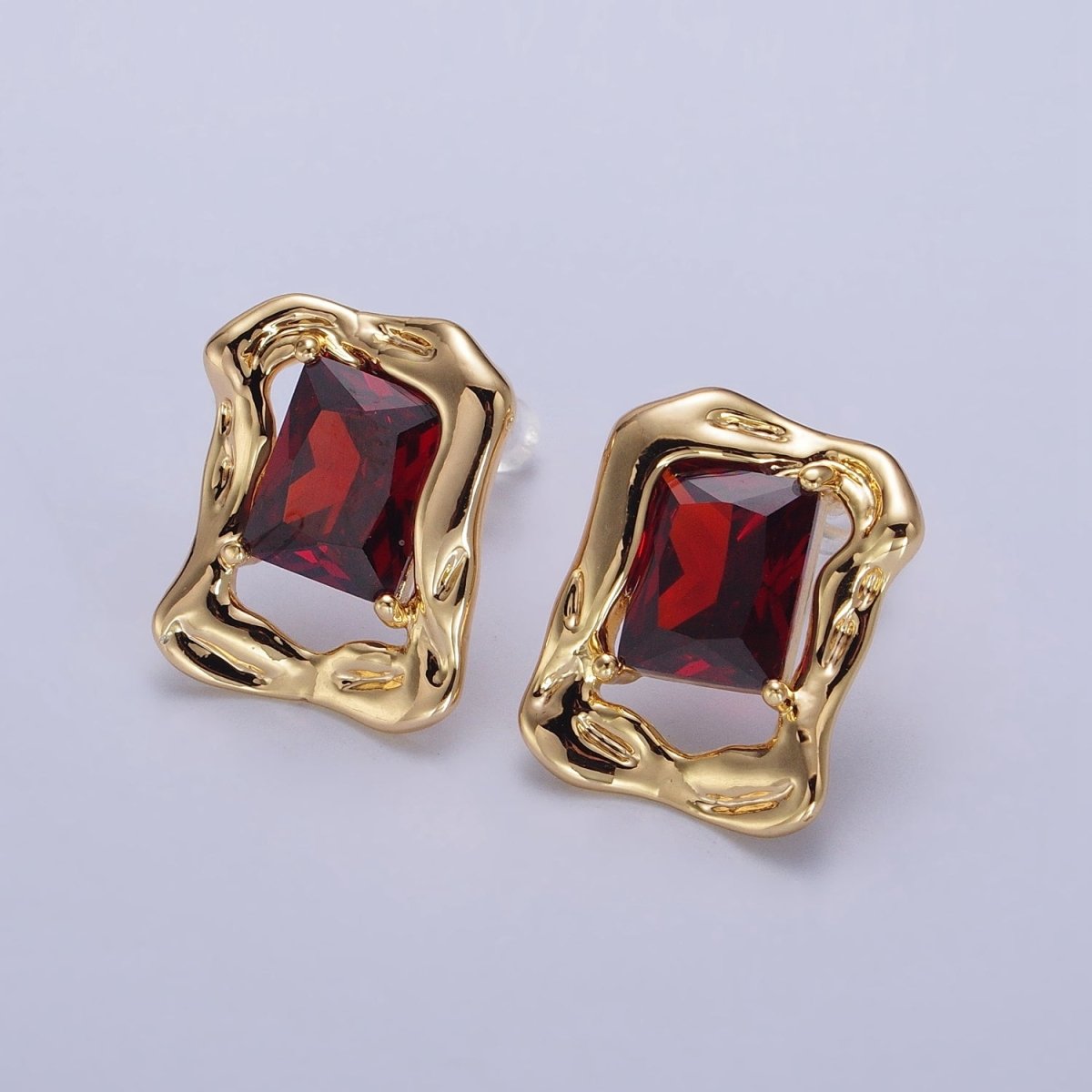 Green, Red, Blue CZ Baguette Geometric Gold Framed Stud Earrings | AB134 - AB136 - DLUXCA