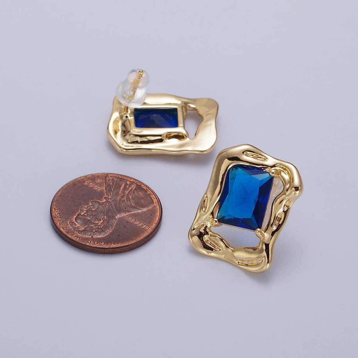 Green, Red, Blue CZ Baguette Geometric Gold Framed Stud Earrings | AB134 - AB136 - DLUXCA
