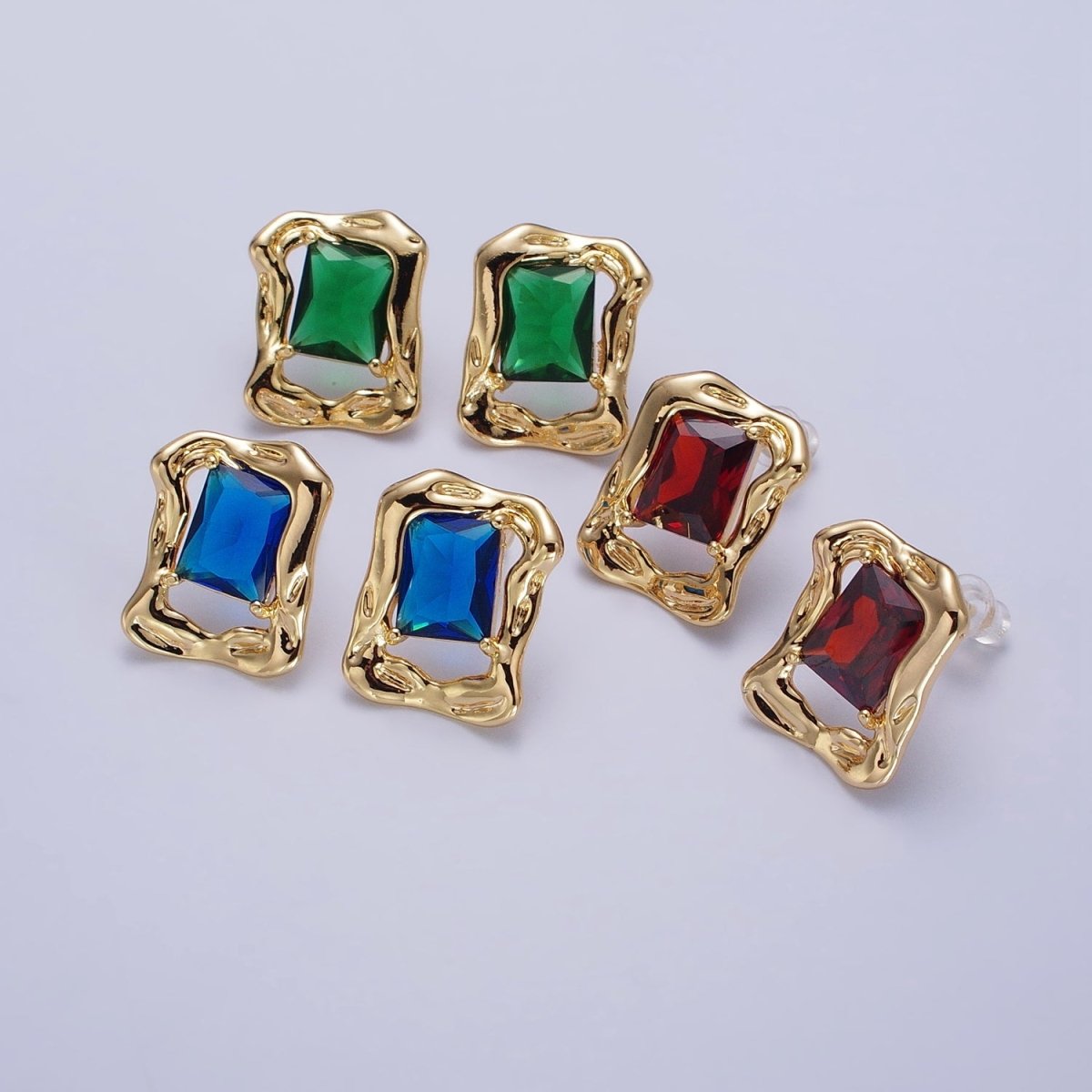 Green, Red, Blue CZ Baguette Geometric Gold Framed Stud Earrings | AB134 - AB136 - DLUXCA