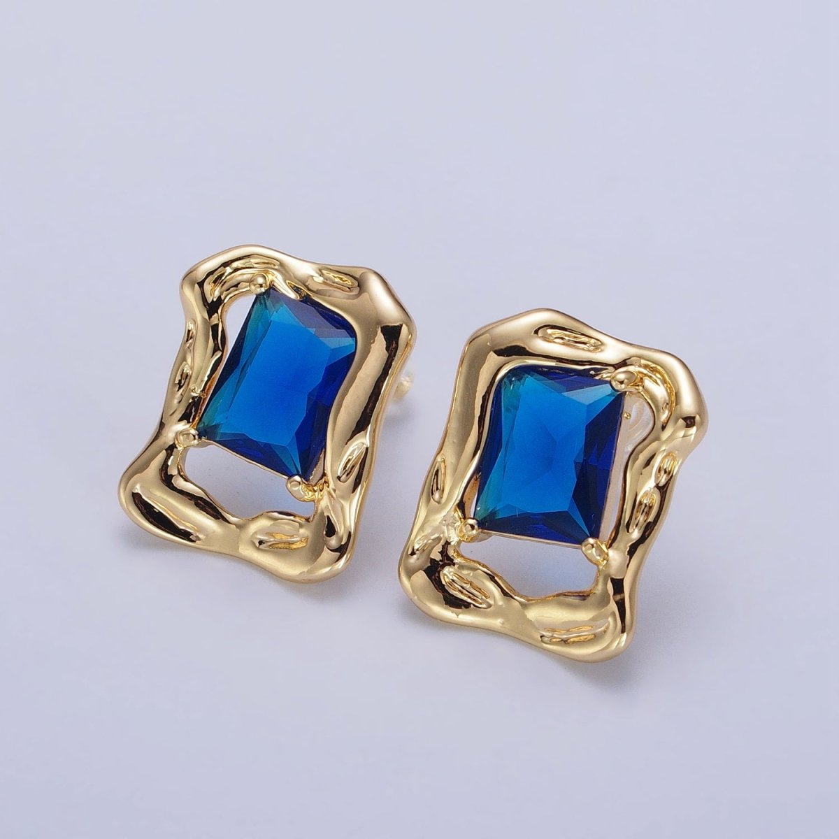 Green, Red, Blue CZ Baguette Geometric Gold Framed Stud Earrings | AB134 - AB136 - DLUXCA
