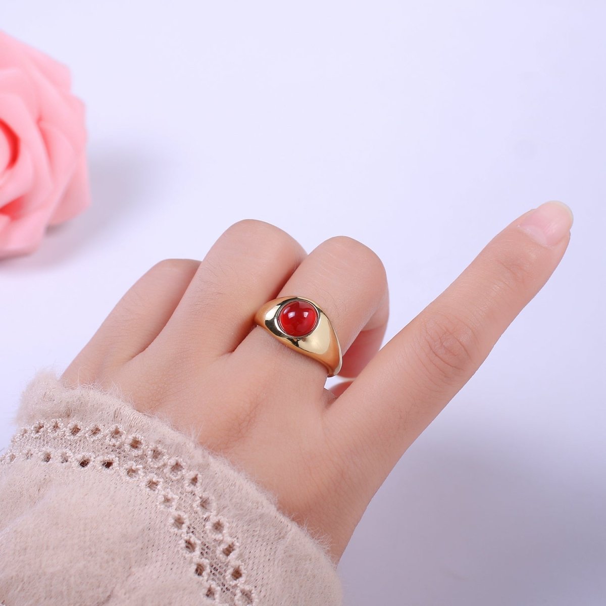 Green / Red Gem Stone Gold Dome Ring Open Adjustable Jewelry U-224 U-225 - DLUXCA