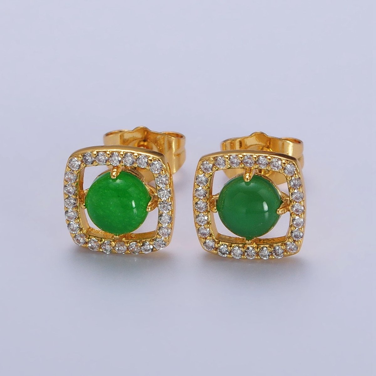 Green, Red Round Jade Micro Paved CZ Square Frame Geometric Stud Earrings | AB115 AB116 - DLUXCA