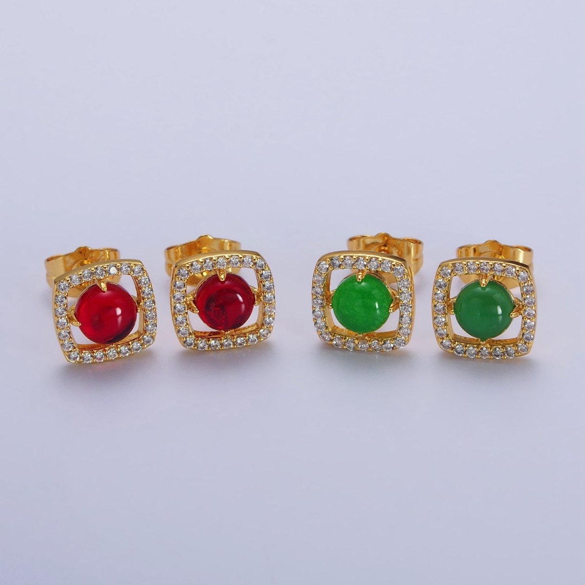 Green, Red Round Jade Micro Paved CZ Square Frame Geometric Stud Earrings | AB115 AB116 - DLUXCA
