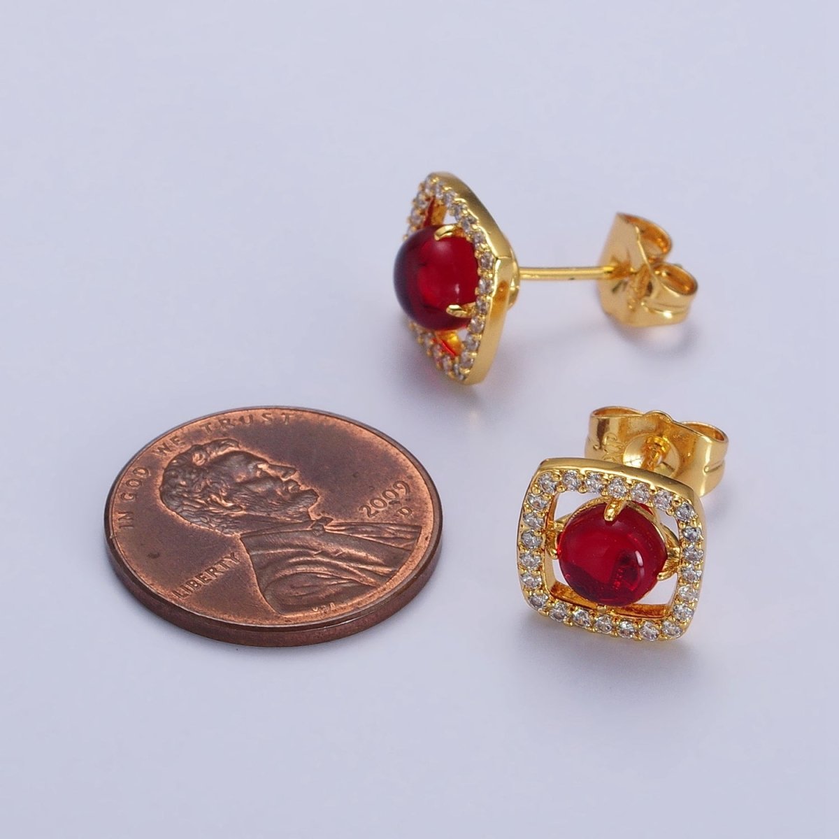 Green, Red Round Jade Micro Paved CZ Square Frame Geometric Stud Earrings | AB115 AB116 - DLUXCA