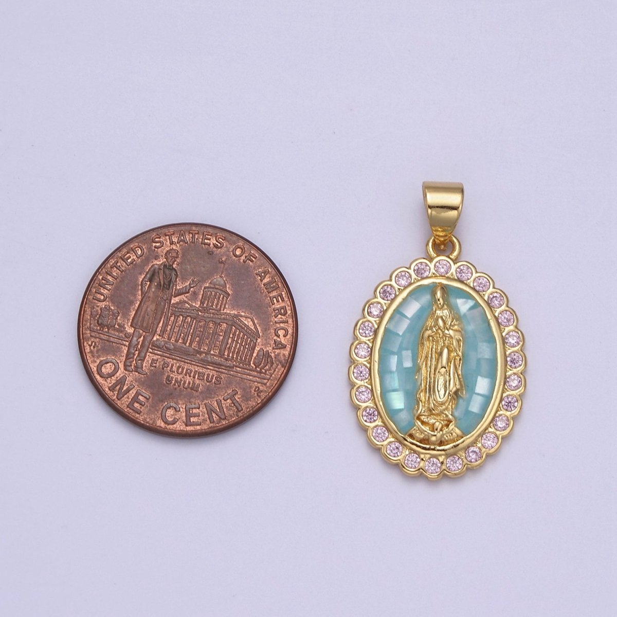 Green Shell Miraculous Lady Charm for Necklace, Dainty Lady of Guadalupe Pendant for Religious Jewelry Making Supply in Gold Filled N-551 - DLUXCA