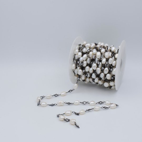 Gun Metal Charm Chain by Yard, Baroque Mother Pearl Paper Clip Link Chain by Yard | White Pearl Chain | ROLL-465 Clearance Pricing - DLUXCA