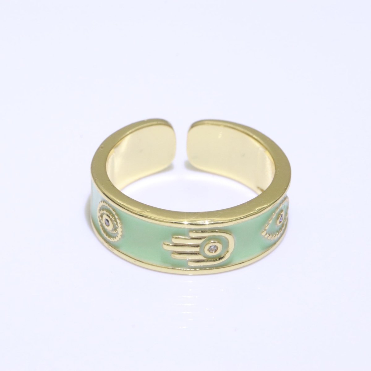 Hamsa Hand Evil Eye Adjustable Ring, 14K Gold Filled Enamel Open Ring Stackable Statement Jewelry O-504 ~ O-513 - DLUXCA