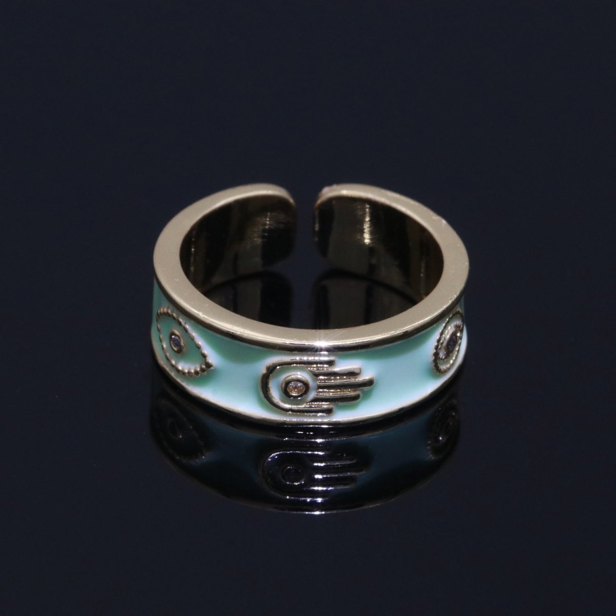 Hamsa Hand Evil Eye Adjustable Ring, 14K Gold Filled Enamel Open Ring Stackable Statement Jewelry O-504 ~ O-513 - DLUXCA