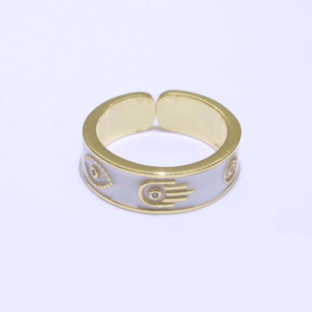 Hamsa Hand Evil Eye Adjustable Ring, 14K Gold Filled Enamel Open Ring Stackable Statement Jewelry O-504 ~ O-513 - DLUXCA