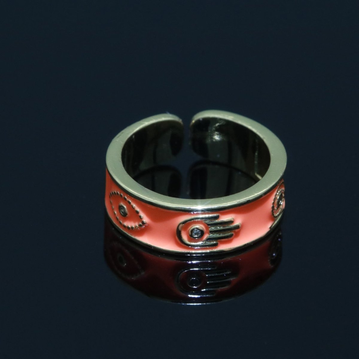 Hamsa Hand Evil Eye Adjustable Ring, 14K Gold Filled Enamel Open Ring Stackable Statement Jewelry O-504 ~ O-513 - DLUXCA