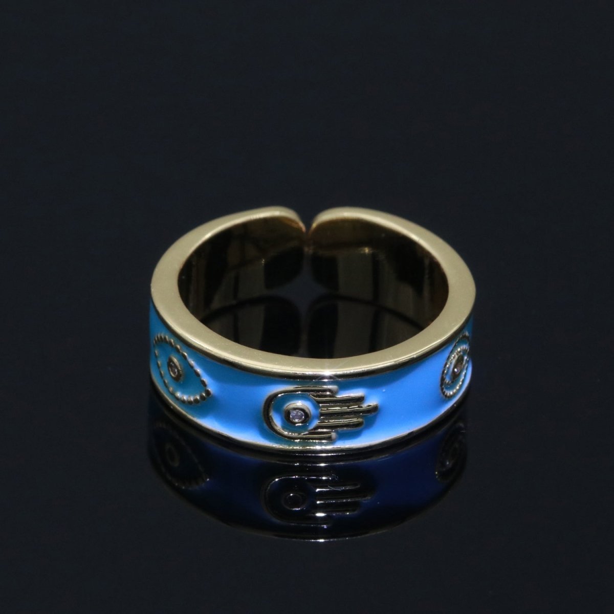 Hamsa Hand Evil Eye Adjustable Ring, 14K Gold Filled Enamel Open Ring Stackable Statement Jewelry O-504 ~ O-513 - DLUXCA