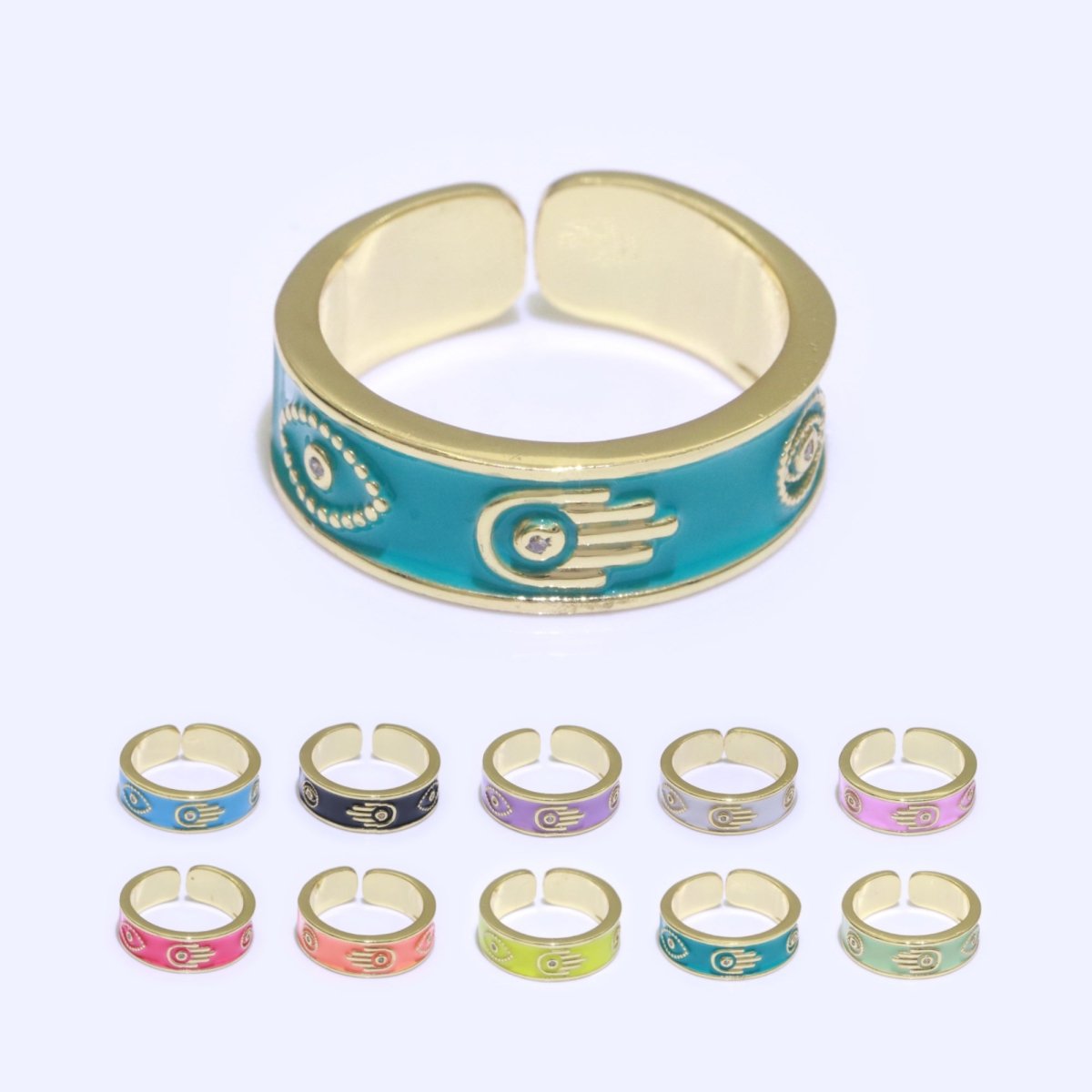 Hamsa Hand Evil Eye Adjustable Ring, 14K Gold Filled Enamel Open Ring Stackable Statement Jewelry O-504 ~ O-513 - DLUXCA