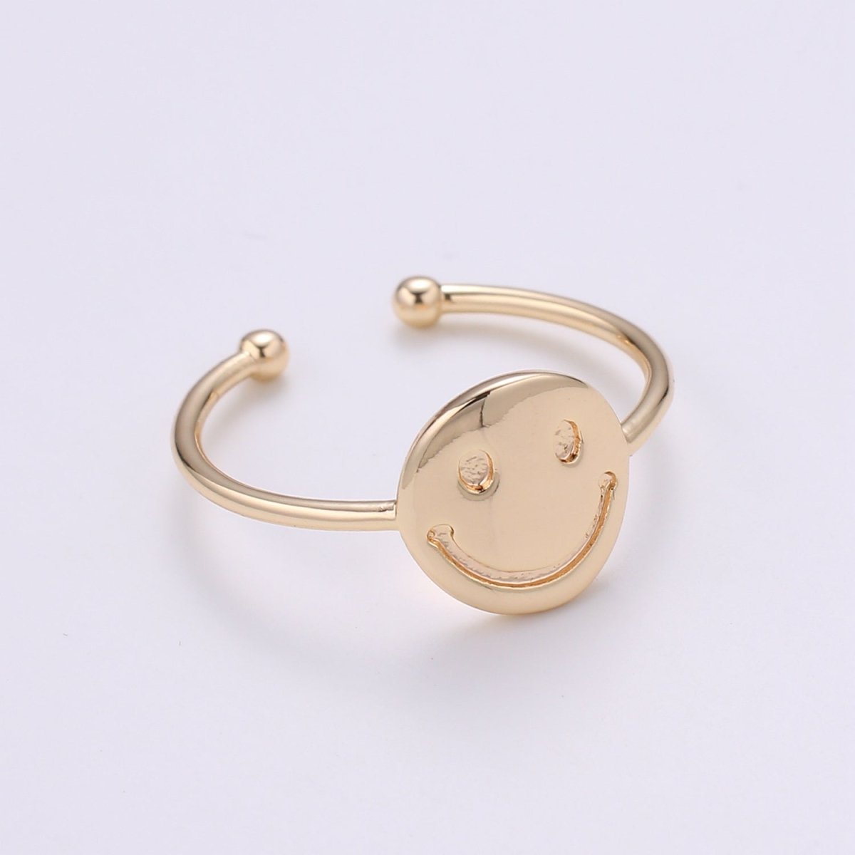 Happy Face 18k Gold Filled Ring, Smiley Adjustable Gold Curb Ring, Simple Round Ring, Smile R-272 - DLUXCA