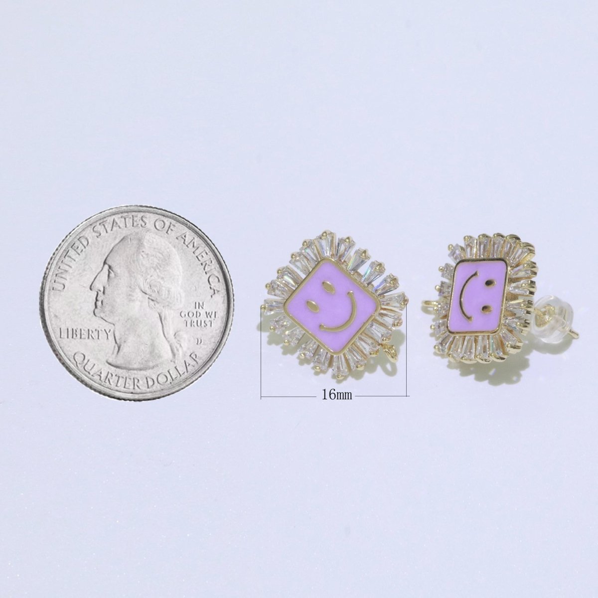 Happy face stud earrings, Tiny smiley face studs, simple gold stud earrings, Square Gold Studs, happy face studs with open link L-355~L-360 - DLUXCA