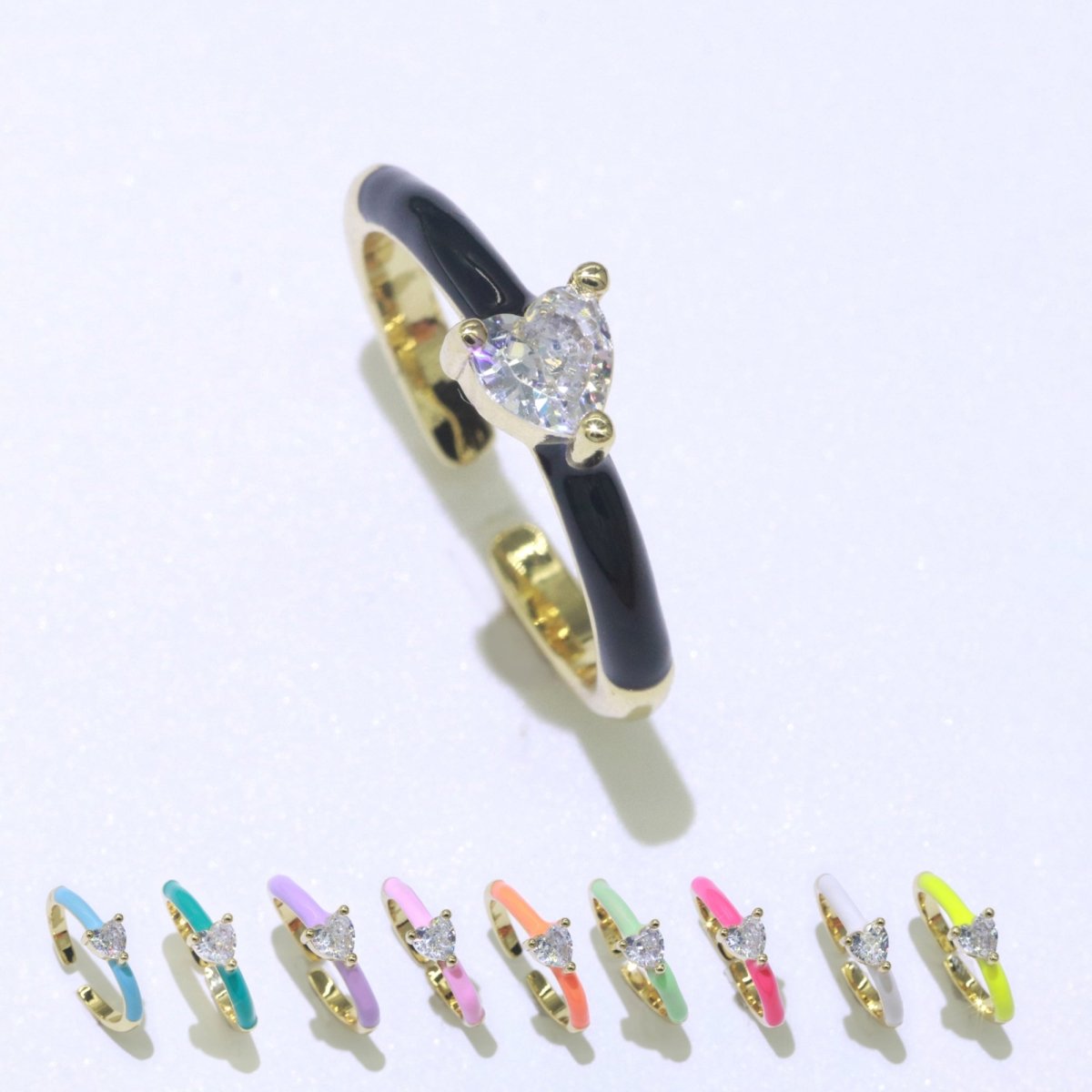 Heart Cz Ring Adjustable Gold Ring, Colorful Pastel Enamel Ring, Stackable Ring Black White Pink blue Green Ring for Women O-910~O-919 - DLUXCA