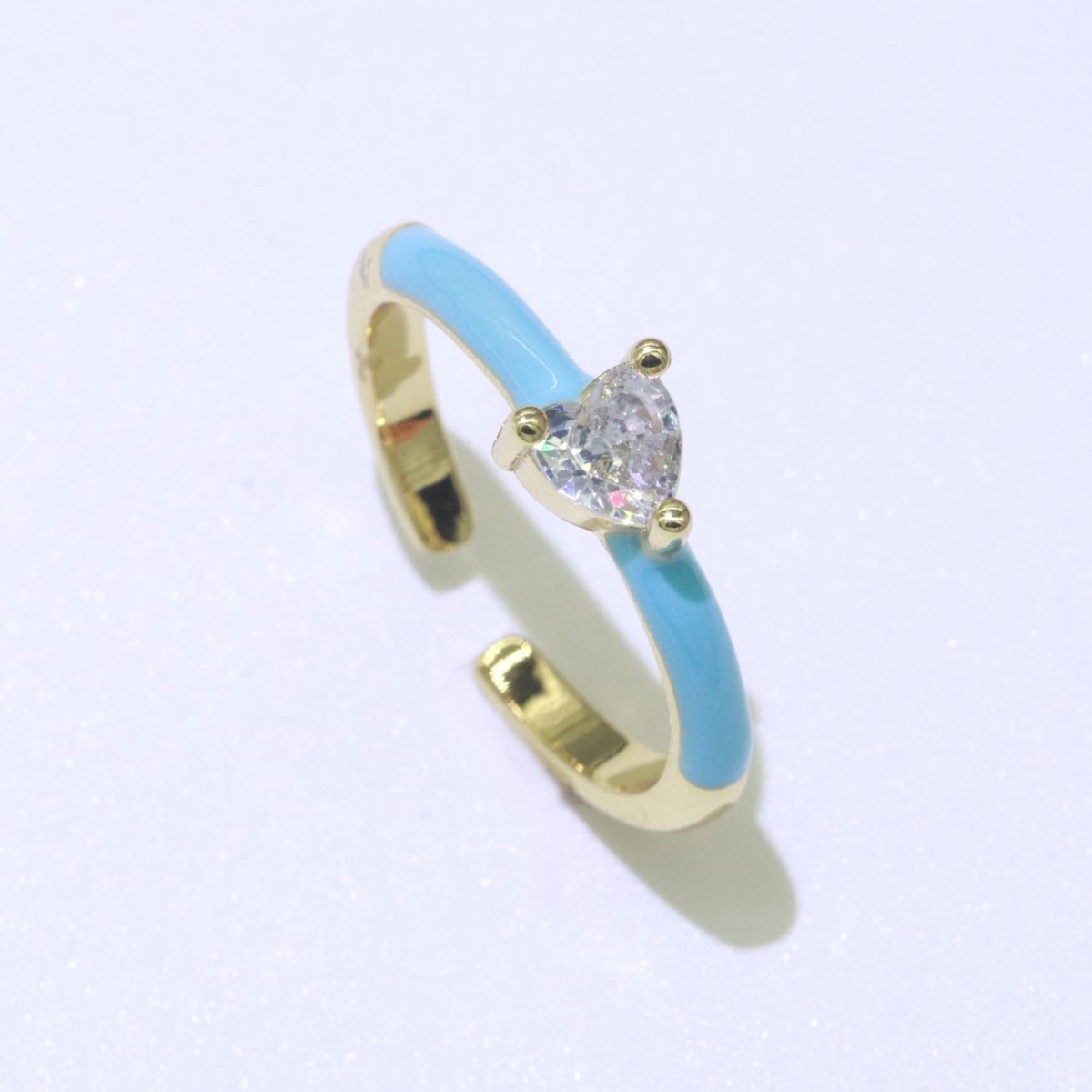 Heart Cz Ring Adjustable Gold Ring, Colorful Pastel Enamel Ring, Stackable Ring Black White Pink blue Green Ring for Women O-910~O-919 - DLUXCA