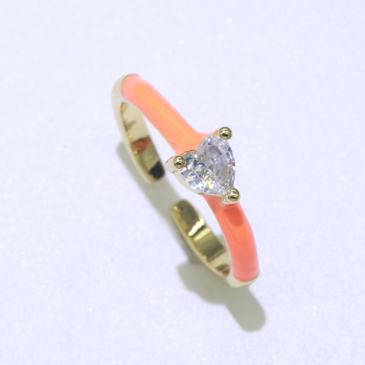 Heart Cz Ring Adjustable Gold Ring, Colorful Pastel Enamel Ring, Stackable Ring Black White Pink blue Green Ring for Women O-910~O-919 - DLUXCA