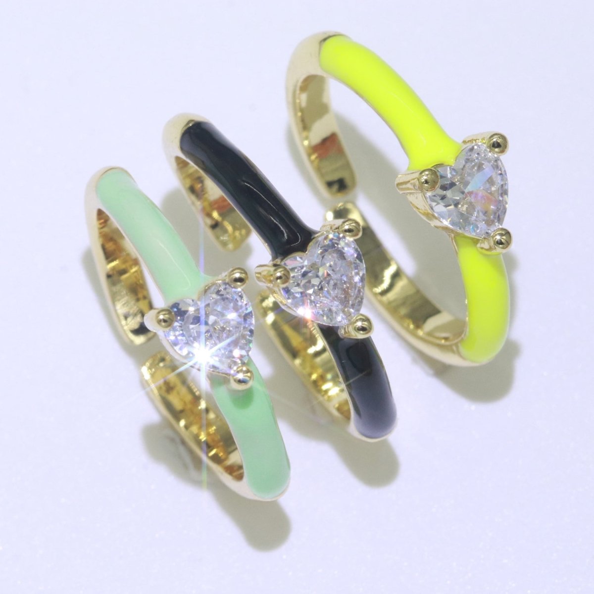Heart Cz Ring Adjustable Gold Ring, Colorful Pastel Enamel Ring, Stackable Ring Black White Pink blue Green Ring for Women O-910~O-919 - DLUXCA
