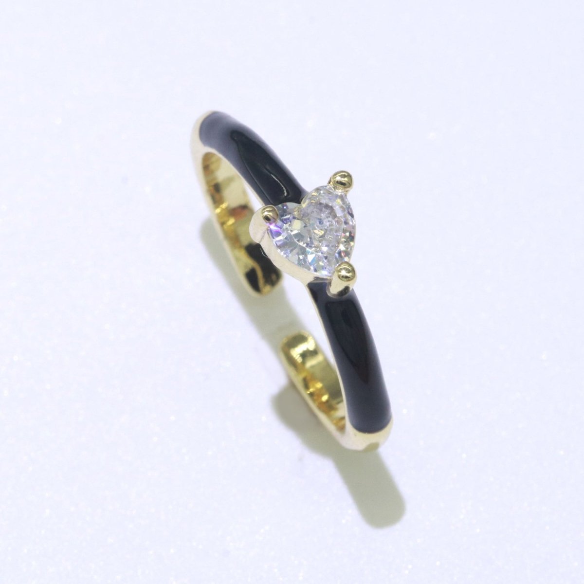 Heart Cz Ring Adjustable Gold Ring, Colorful Pastel Enamel Ring, Stackable Ring Black White Pink blue Green Ring for Women O-910~O-919 - DLUXCA