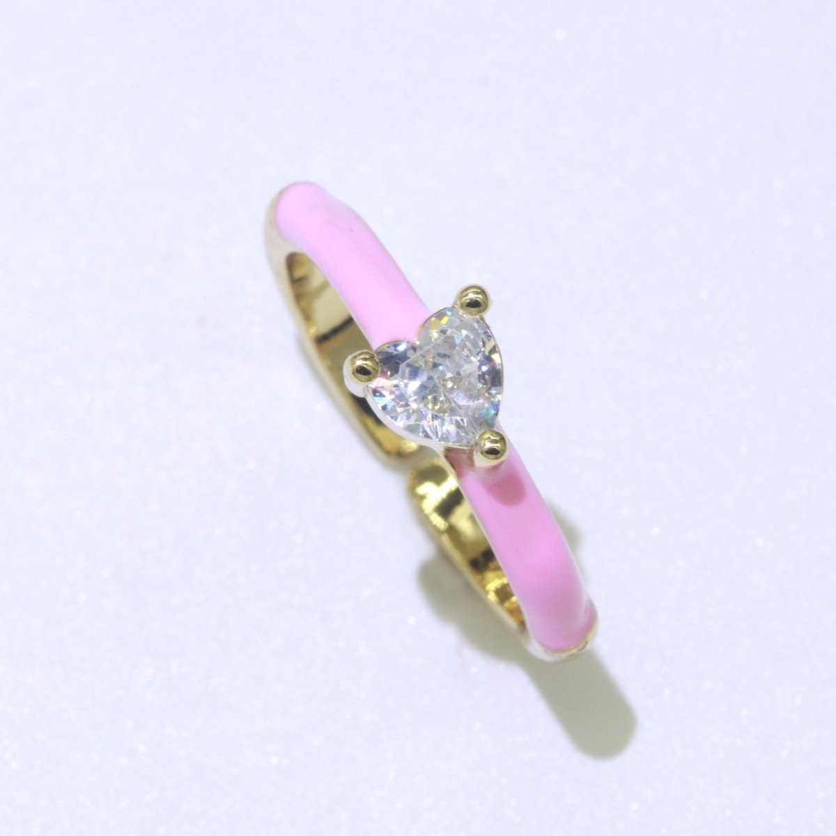 Heart Cz Ring Adjustable Gold Ring, Colorful Pastel Enamel Ring, Stackable Ring Black White Pink blue Green Ring for Women O-910~O-919 - DLUXCA