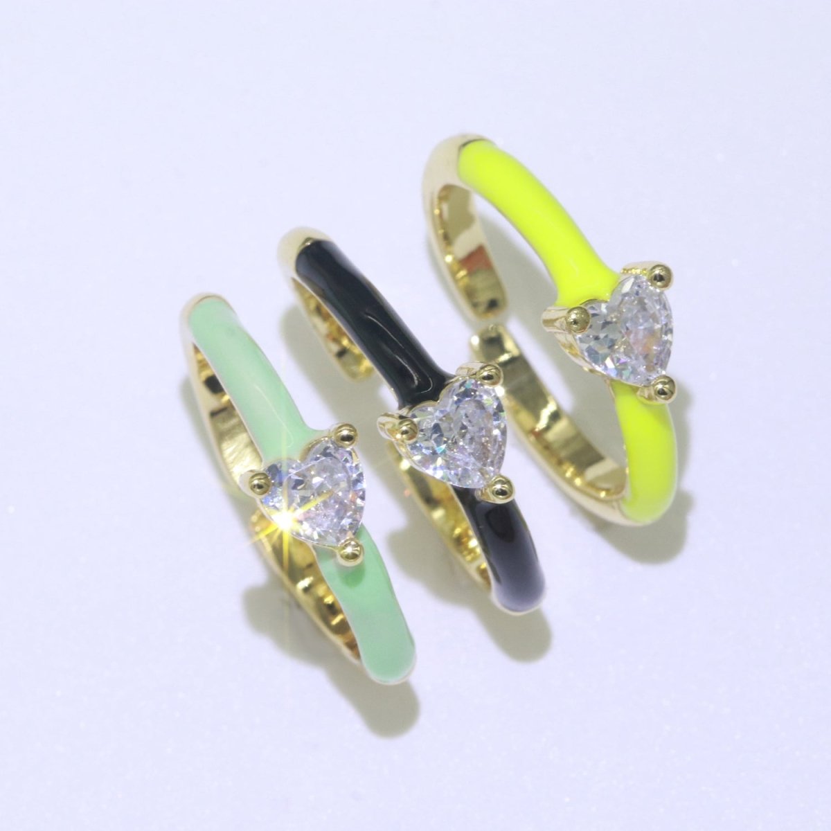 Heart Cz Ring Adjustable Gold Ring, Colorful Pastel Enamel Ring, Stackable Ring Black White Pink blue Green Ring for Women O-910~O-919 - DLUXCA